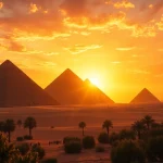 Engage with the wonder of https://piraminds.com/ showcasing the majestic Giza Pyramids under a sunset.