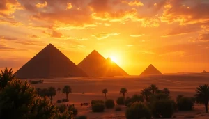 Engage with the wonder of https://piraminds.com/ showcasing the majestic Giza Pyramids under a sunset.