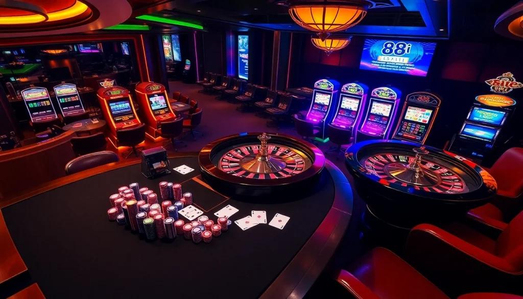 Experience the excitement of 88i with a vibrant casino scene featuring poker, roulette, and slot machines.