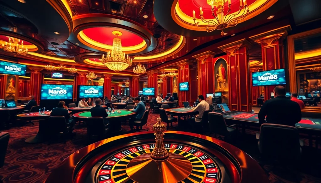 Players enjoying a vibrant casino atmosphere with poker chips and a roulette wheel at Man88.