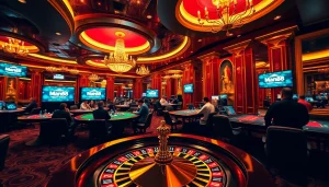 Players enjoying a vibrant casino atmosphere with poker chips and a roulette wheel at Man88.