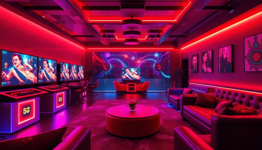 Vibrant gaming lounge showcasing interactive sex games for adults, featuring dynamic visuals and inviting atmosphere.