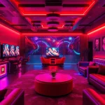 Vibrant gaming lounge showcasing interactive sex games for adults, featuring dynamic visuals and inviting atmosphere.