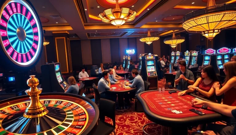 Play thrilling games at MK8's vibrant casino tables and slot machines, capturing the excitement of luxury gambling.