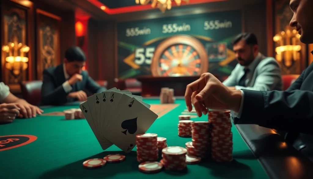 Professional gamblers enjoying high stakes poker at the luxurious 555win casino table.
