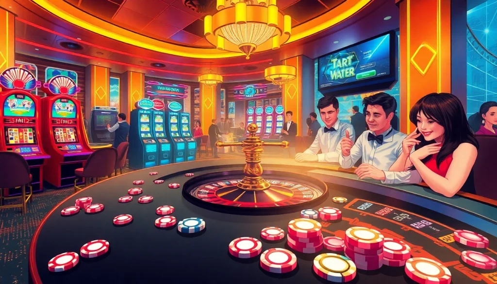 Engaging casino scene featuring roulette, slot machines, and lively gamers at betbdt.art.