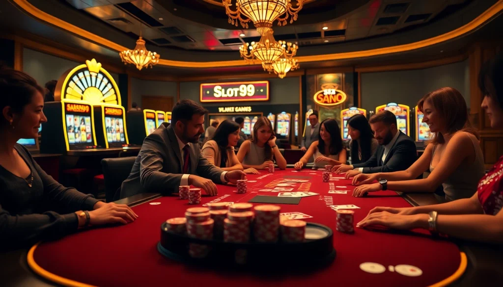 SLOT99 engaging online casino scene with vibrant slot machines and players enjoying the game.