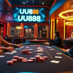 Exciting casino atmosphere at UU88 with players betting at a luxurious poker table.