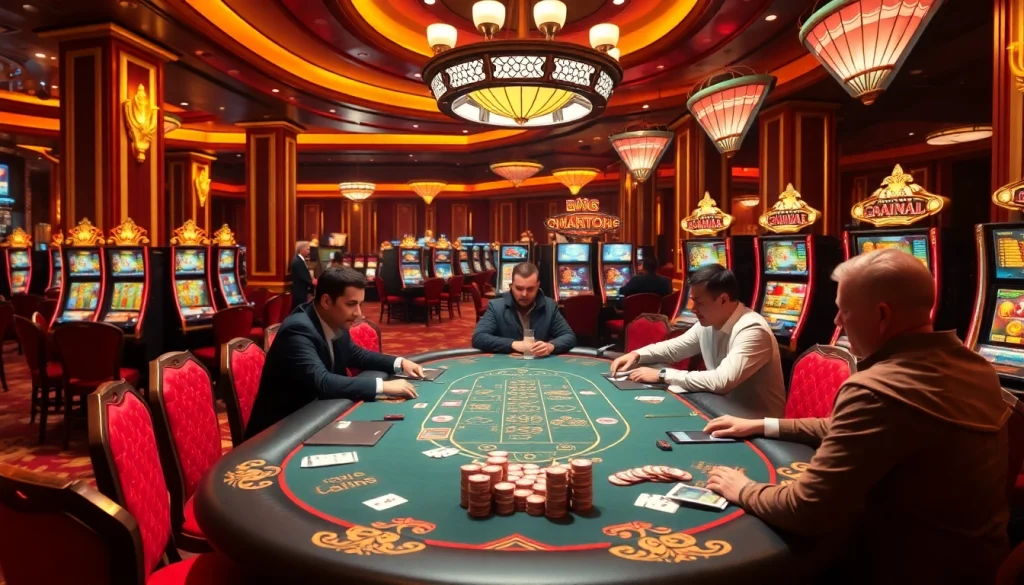 B52 Club gaming area featuring an exciting poker table and vibrant slot machines.