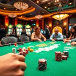 Players strategizing at a poker table in a vibrant casino showcasing https://go88vn.id/ excitement.