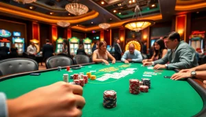 Players strategizing at a poker table in a vibrant casino showcasing https://go88vn.id/ excitement.