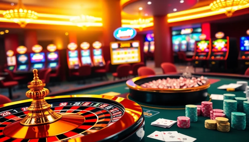 Experience thrilling online gambling at Jun88 with a vibrant casino scene featuring roulette and poker.