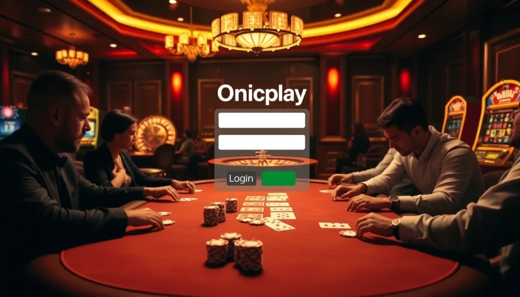 Engage in ultimate excitement with Onicplay login at an elegant casino featuring poker tables and vibrant slot machines.
