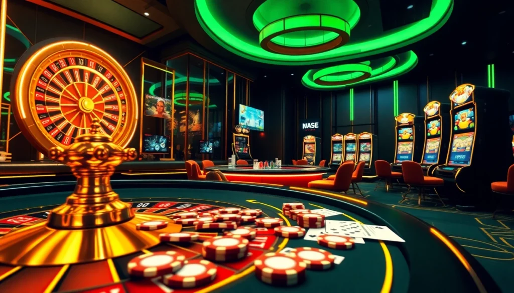 S8 nhà cái online gambling excitement with roulette wheels, poker tables, and vibrant game graphics
