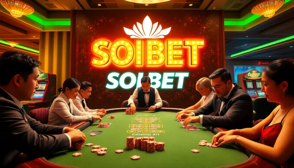 SOIBET casino scene with engaged players at a poker table, vibrant atmosphere, and luxury gaming elements.