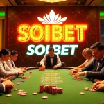 SOIBET casino scene with engaged players at a poker table, vibrant atmosphere, and luxury gaming elements.