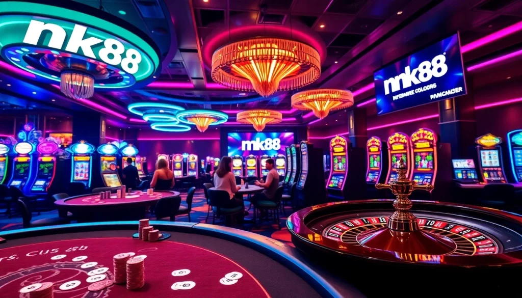 Experience the thrill of nk88 at a modern casino with vibrant games and poker tables.