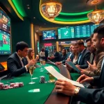 Engaging gamblers strategizing เทคนิคแทงบอล with betting slips and vibrant casino atmosphere.