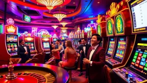 Excited players engaging with slot gacor machines in a luxurious casino setting.