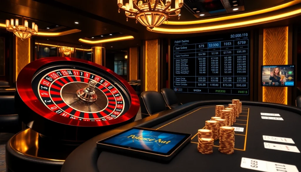 Experience the thrill of online gaming at mk8th.net with a luxurious casino scene featuring vibrant roulette wheels and poker tables.