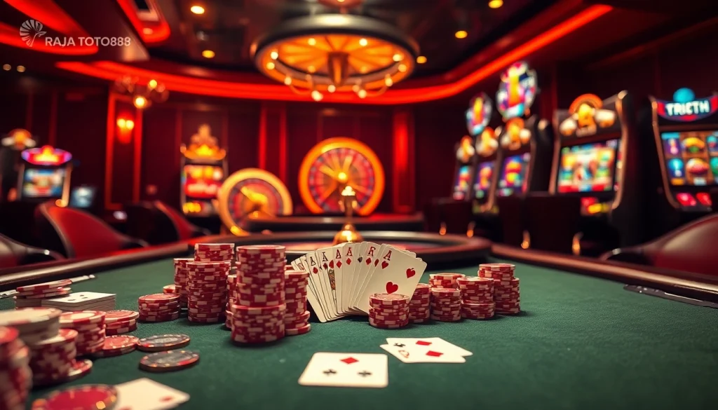 Raja toto88 players experiencing the thrill of high-stakes poker in a vibrant casino setting.