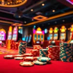 Engaging scene of m88 gaming with vibrant poker chips and casino tables.