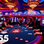 Players strategizing at a high-stakes poker table in a vibrant JL55 casino atmosphere.