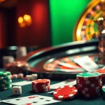 Crown88 casino table featuring vibrant cards, chips, and a roulette wheel in an elegant setting.