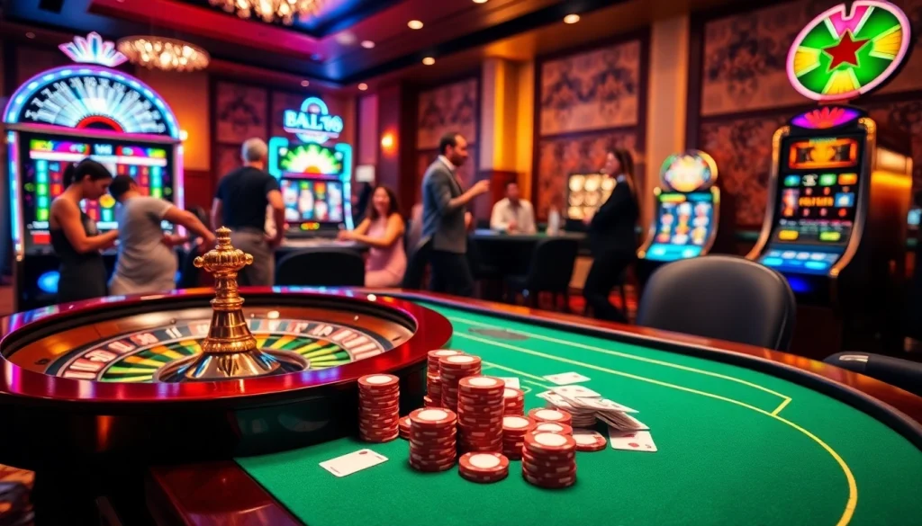Exciting casino scene featuring MB66 poker tables, roulette wheel, and slot machines.