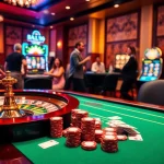 Exciting casino scene featuring MB66 poker tables, roulette wheel, and slot machines.