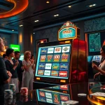 Excited casino players enjoying the vibrant slot apiraja88 machine amid luxurious surroundings.