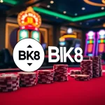 Experience the thrill of BK8 เว็บตรง with vibrant casino visuals showcasing poker, roulette, and slot machines.