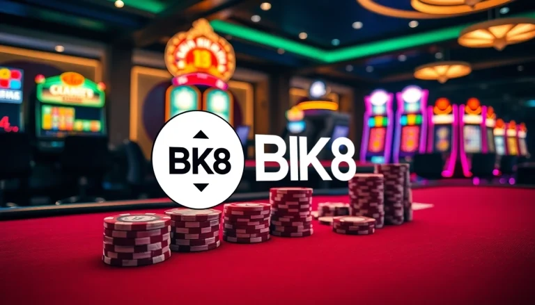 Experience the thrill of BK8 เว็บตรง with vibrant casino visuals showcasing poker, roulette, and slot machines.
