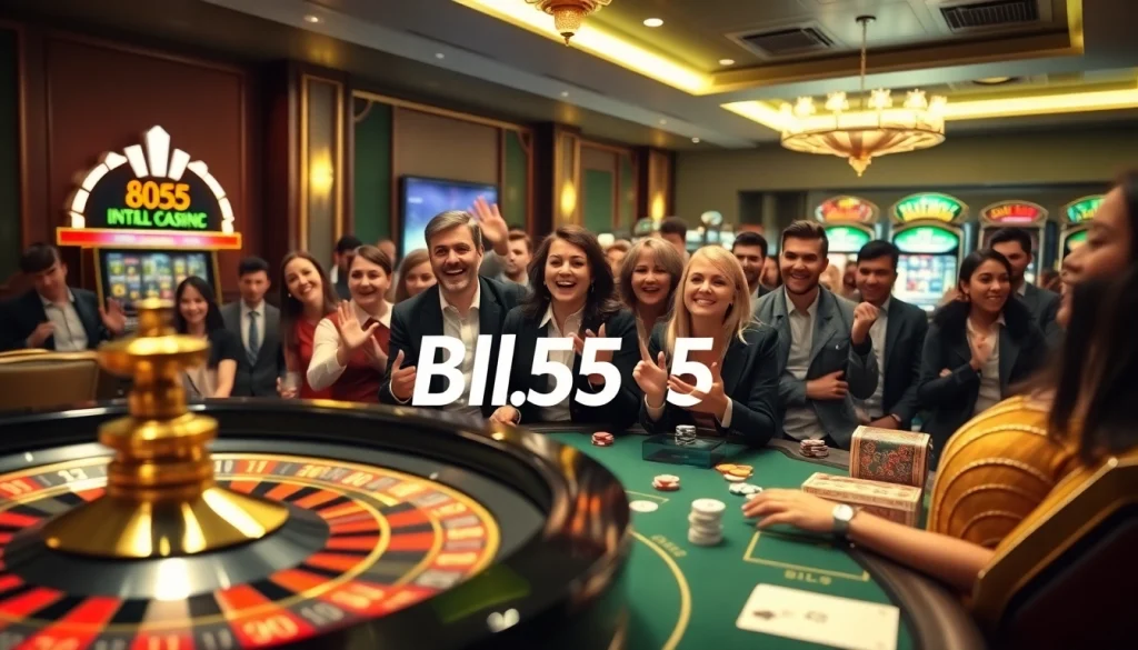 Bl555 gamblers strategizing at a luxurious casino table with cards and chips.