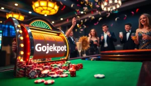 Experience the thrill of winning at Gojekpot, with vibrant casino lights and exciting slot action.