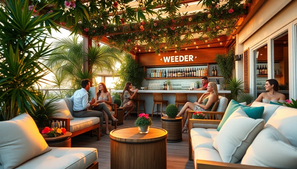 People enjoying a relaxing time at the Weed Club Lloret De Mar, under a sunset terrace.