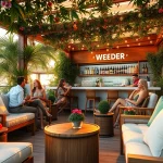 People enjoying a relaxing time at the Weed Club Lloret De Mar, under a sunset terrace.