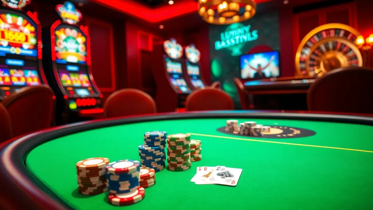 Experience the excitement of home eejl casino with vibrant poker chips and illuminated slot machines.