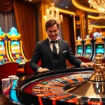 Experience thrilling games at NOHU90's vibrant casino with upbeat players, roulette, and slot machines.