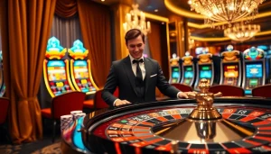 Experience thrilling games at NOHU90's vibrant casino with upbeat players, roulette, and slot machines.
