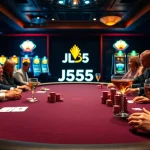 Players engage in a high-stakes poker game at the luxurious JL55 casino table.