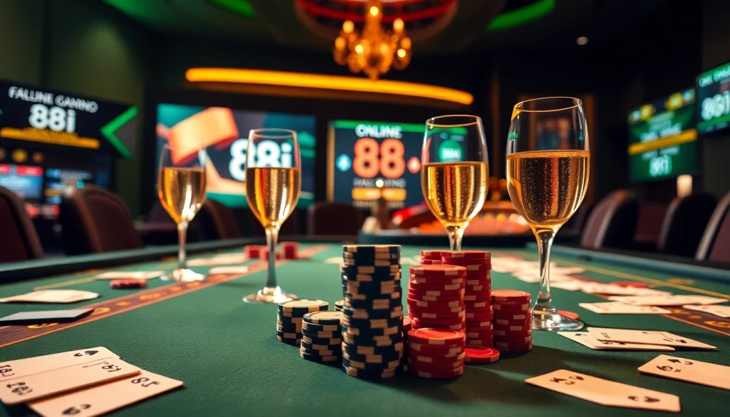 Players enjoy high-stakes poker at a luxurious 88i casino table, surrounded by excitement and elegance.