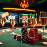 Players enjoy high-stakes poker at a luxurious 88i casino table, surrounded by excitement and elegance.