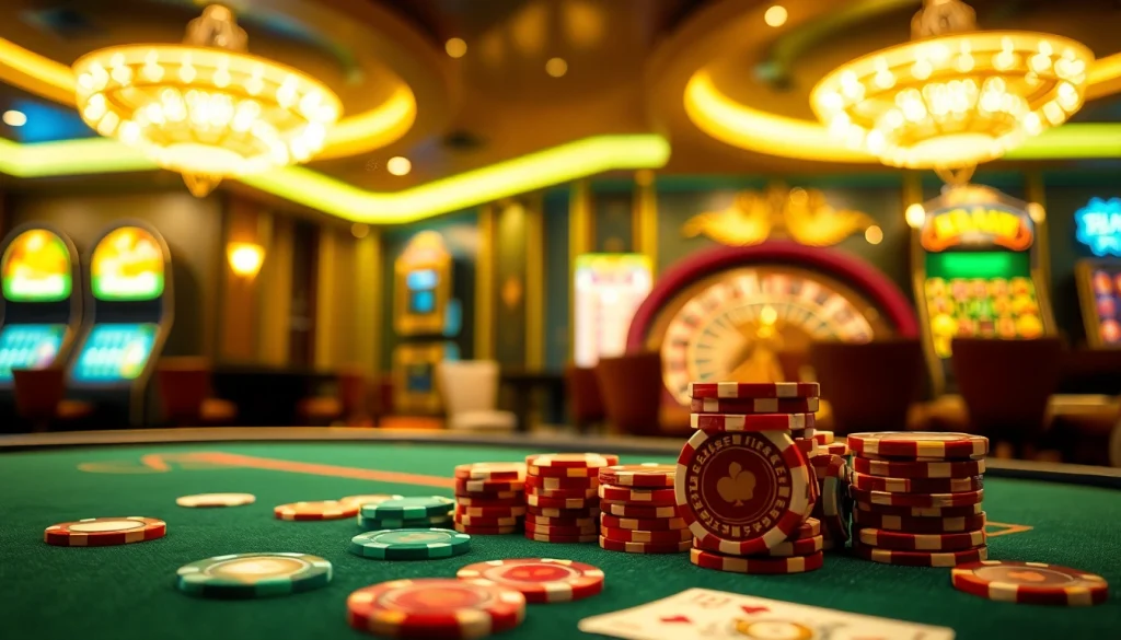 Experience high-stakes gaming at https://zx88.tech/ with luxurious poker chips and cards in a rich casino ambiance.
