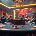 Casino scene with players enjoying poker at nhà cái dr88, featuring vibrant chips and a roulette wheel.