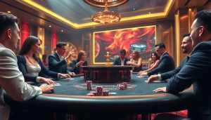 Casino scene with players enjoying poker at nhà cái dr88, featuring vibrant chips and a roulette wheel.