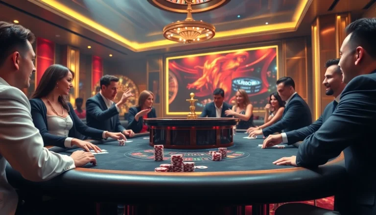 Casino scene with players enjoying poker at nhà cái dr88, featuring vibrant chips and a roulette wheel.