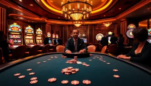 Người chơi tham gia một ván poker đầy hồi hộp tại một casino sang trọng, thể hiện không khí cá cược đầy phấn khích của BetVIP.