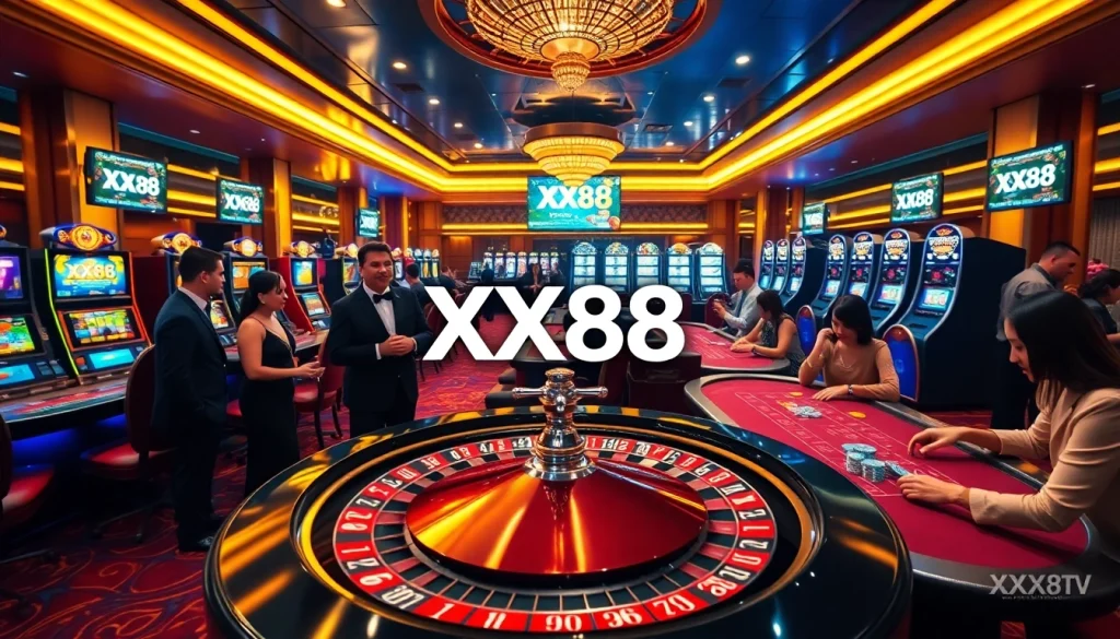 Experience the excitement of gambling at XX88 TV’s luxurious casino, featuring tables and vibrant slots.