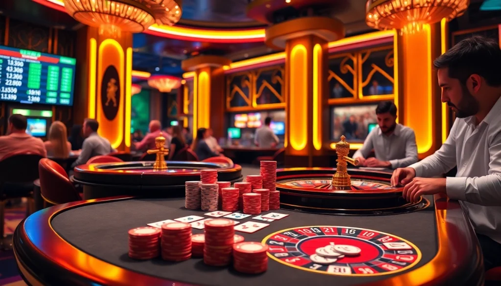Tỷ lệ bóng đá ý displayed on interactive screens at a vibrant casino with poker and roulette tables.